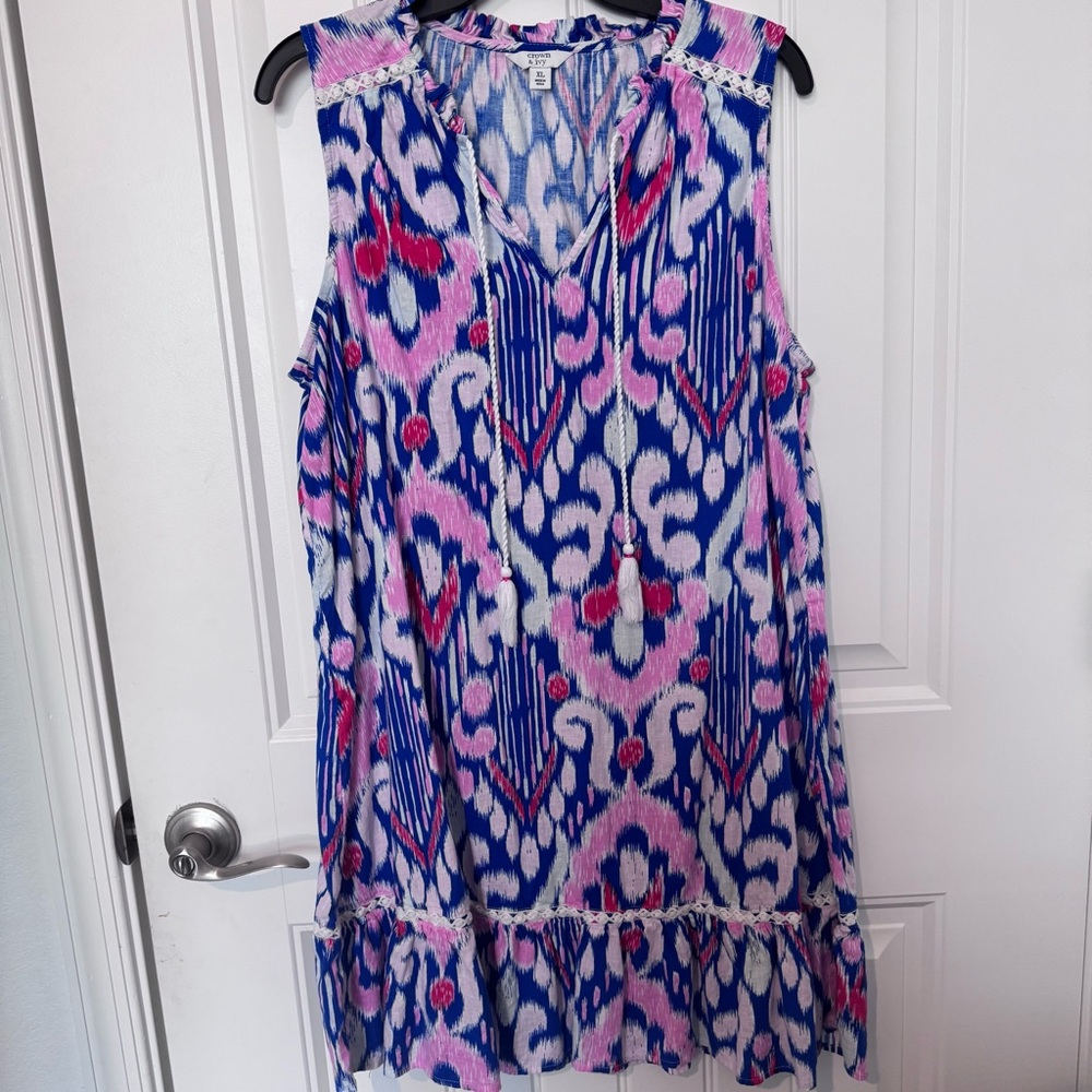 NWOT Crown & Ivy Pink Blue Ikat Linen dress xl